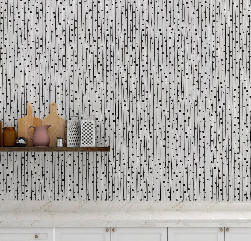 Stylish Hand-drawn Thin Vertical Lines and Dots Wall Mural Pattern. Peel and Stick Wallpaper.