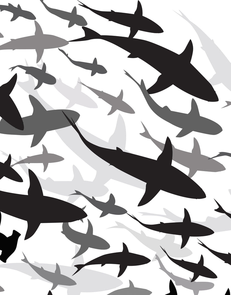 Shark Frenzy Underwater Wall Mural. Peel and Stick Wallpaper. Black and White Shark Silhouettes