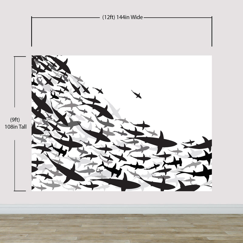 Shark Frenzy Underwater Wall Mural. Peel and Stick Wallpaper. Black and White Shark Silhouettes