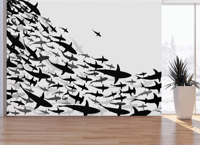 Shark Frenzy Underwater Wall Mural. Peel and Stick Wallpaper. Black and White Shark Silhouettes