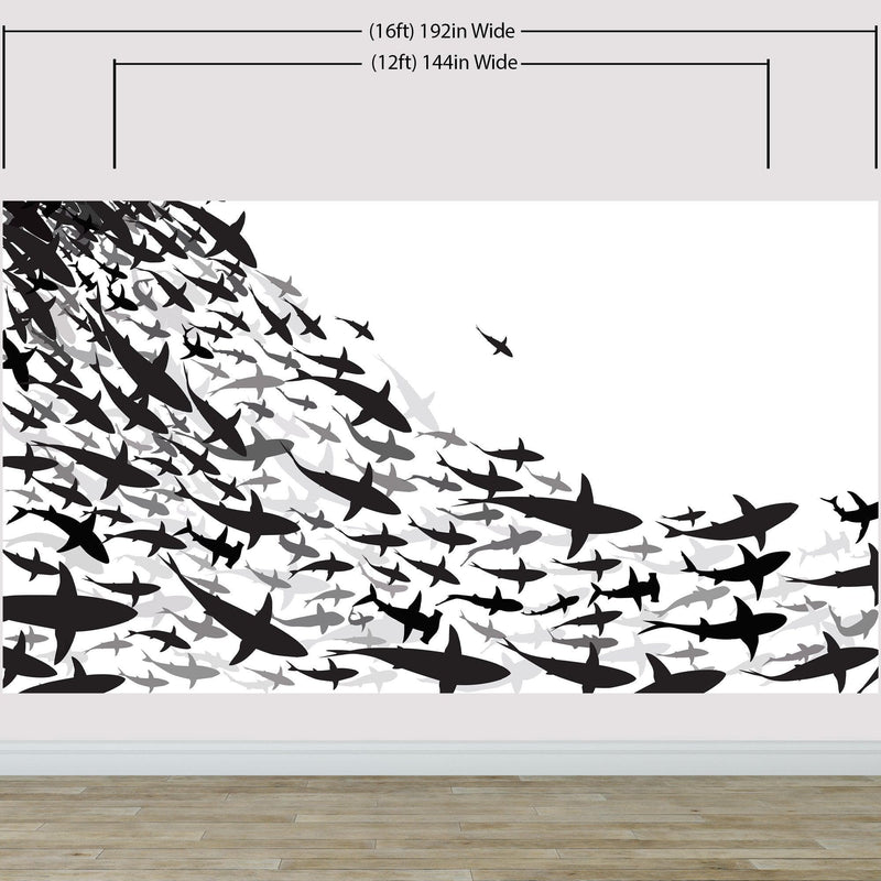 Shark Frenzy Underwater Wall Mural. Peel and Stick Wallpaper. Black and White Shark Silhouettes