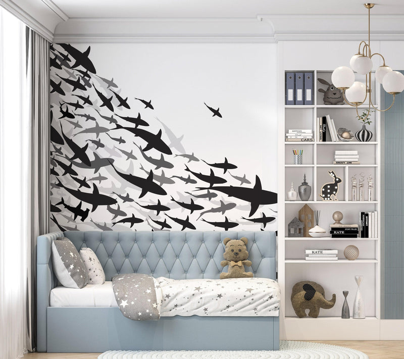 Shark Frenzy Underwater Wall Mural. Peel and Stick Wallpaper. Black and White Shark Silhouettes