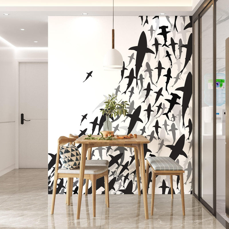 Shark Frenzy Underwater Wall Mural. Peel and Stick Wallpaper. Black and White Shark Silhouettes