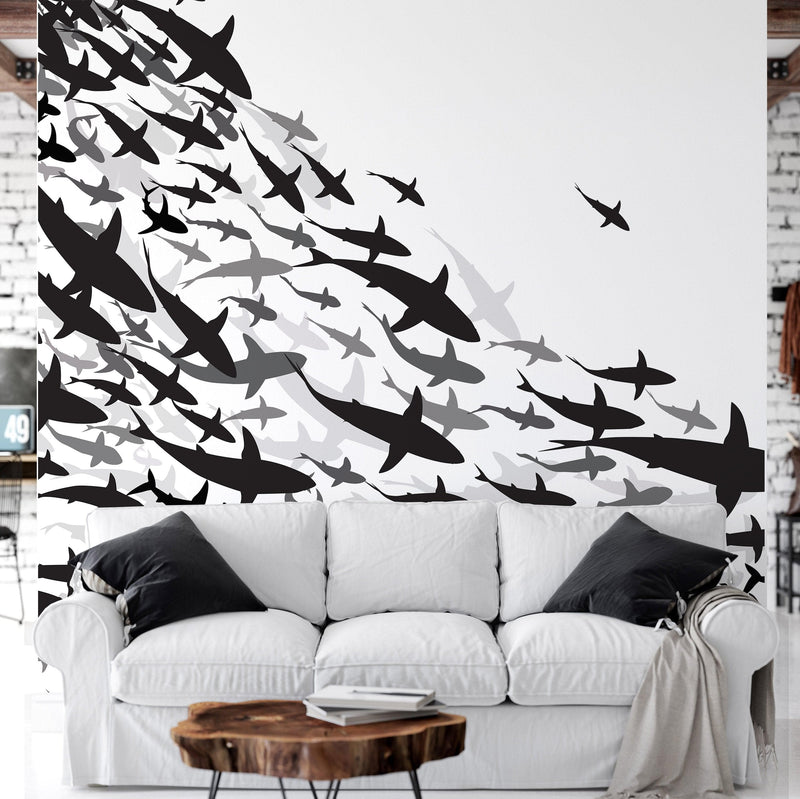 Shark Frenzy Underwater Wall Mural. Peel and Stick Wallpaper. Black and White Shark Silhouettes