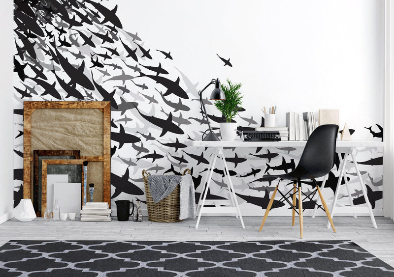 Shark Frenzy Underwater Wall Mural. Peel and Stick Wallpaper. Black and White Shark Silhouettes