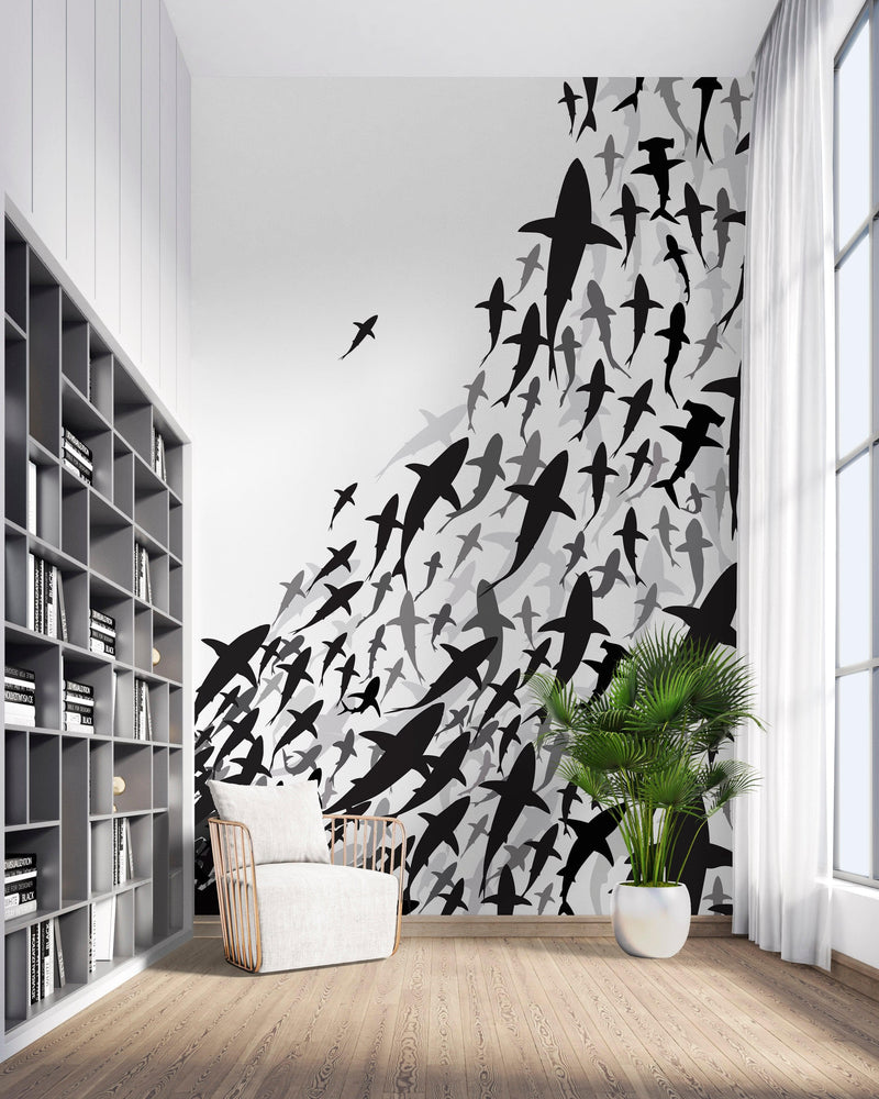 Shark Frenzy Underwater Wall Mural. Peel and Stick Wallpaper. Black and White Shark Silhouettes