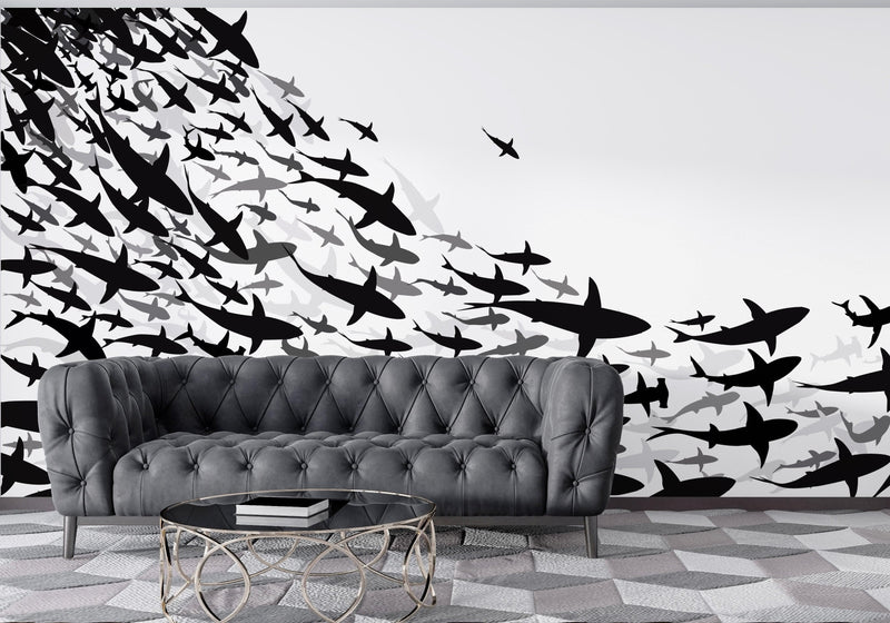 Shark Frenzy Underwater Wall Mural. Peel and Stick Wallpaper. Black and White Shark Silhouettes