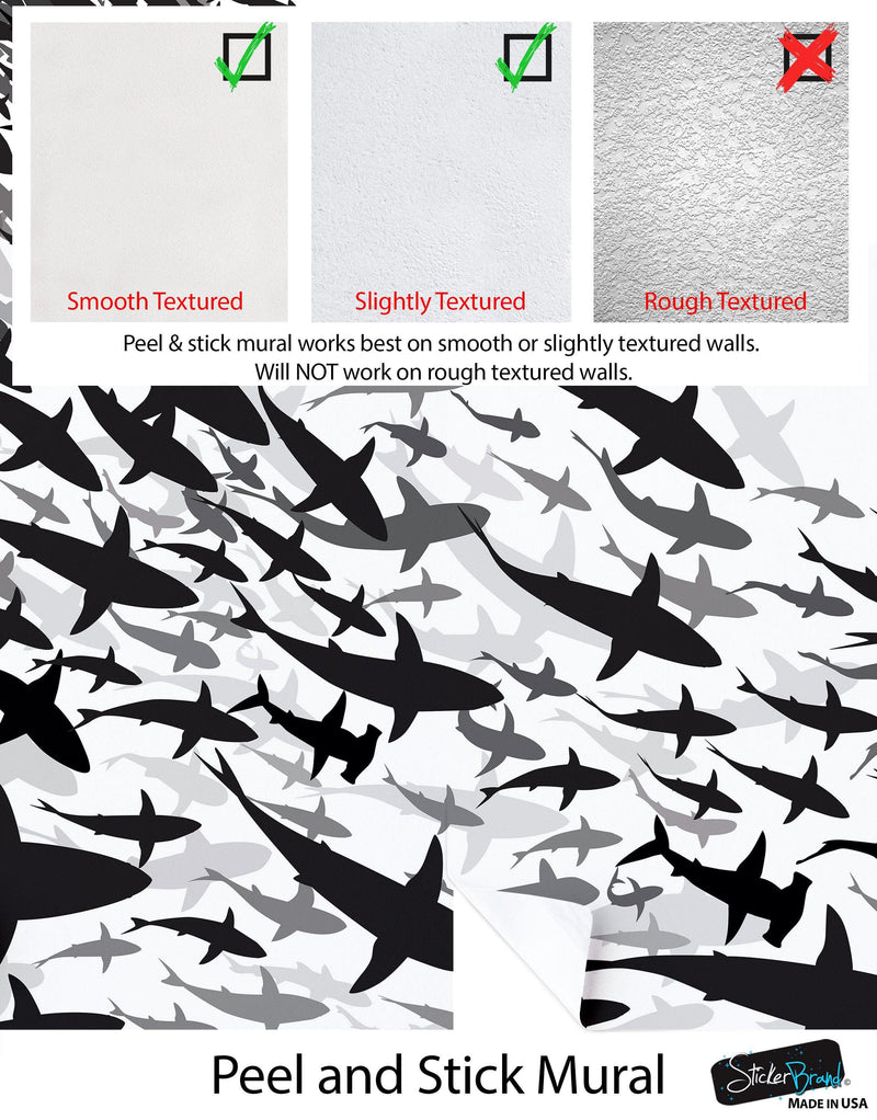 Shark Frenzy Underwater Wall Mural. Peel and Stick Wallpaper. Black and White Shark Silhouettes