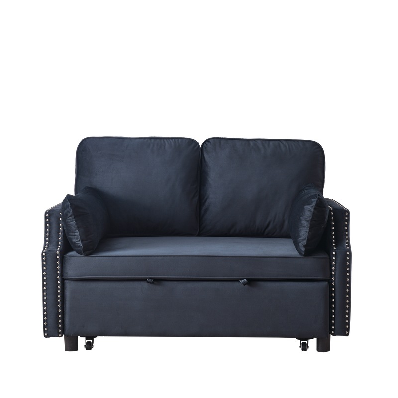 50" Velvet Upholstered Sleeper Sofa bed with Side Storage Pockets, Nailhead Design, 2-Seater Sofa with 2 Pillows and removeable Backrest Pull-out Sofa Bed for Small Spaces in Living Rooms