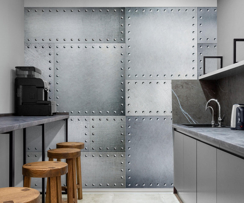 Stainless Steel Metal Grunge Design Wall Mural. Industrial Theme Peel and Stick Wallpaper.