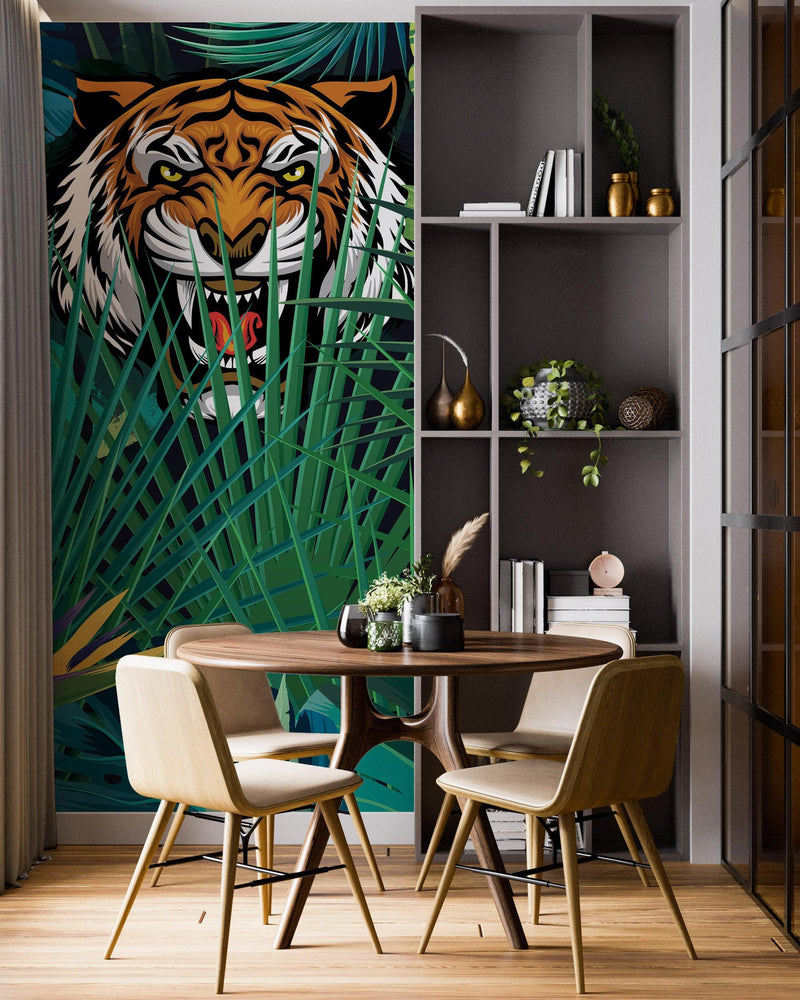 Hidden Tiger Behind Jungle Leaves Wall Mural. Peel and Stick Wallpaper. Safari Wildlife Illustration.