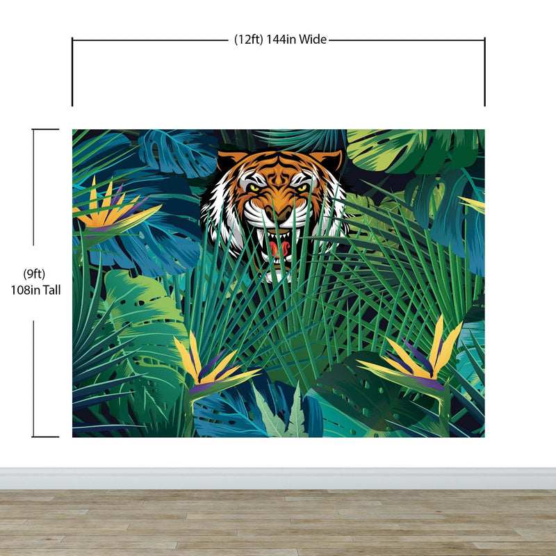 Hidden Tiger Behind Jungle Leaves Wall Mural. Peel and Stick Wallpaper. Safari Wildlife Illustration.