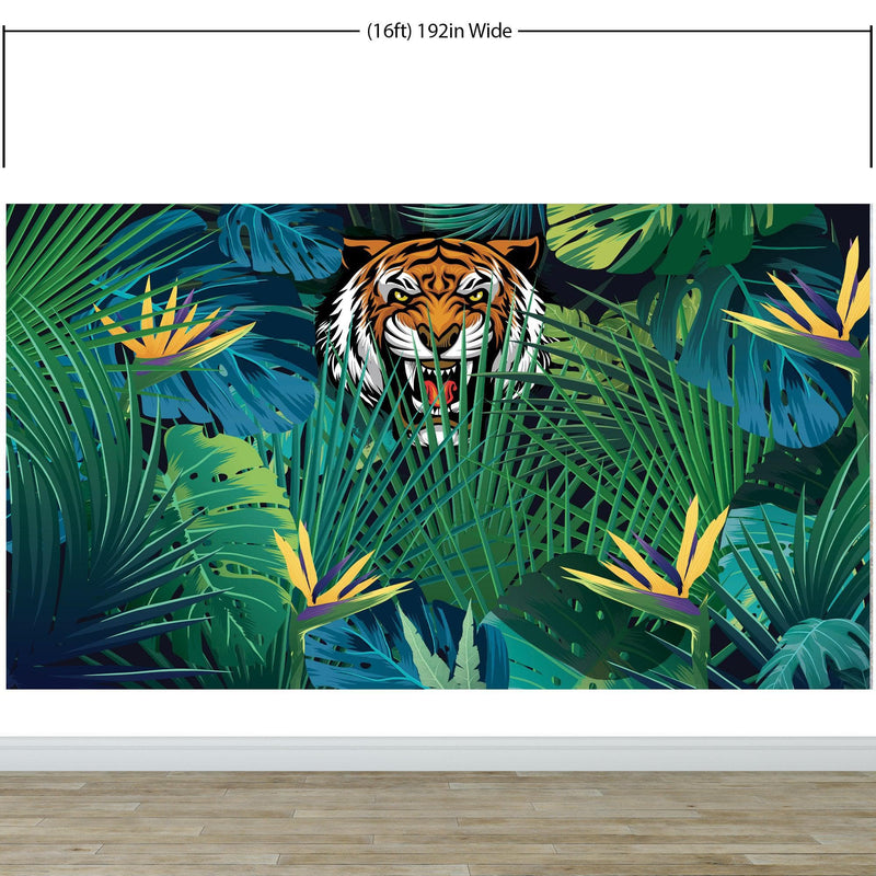 Hidden Tiger Behind Jungle Leaves Wall Mural. Peel and Stick Wallpaper. Safari Wildlife Illustration.