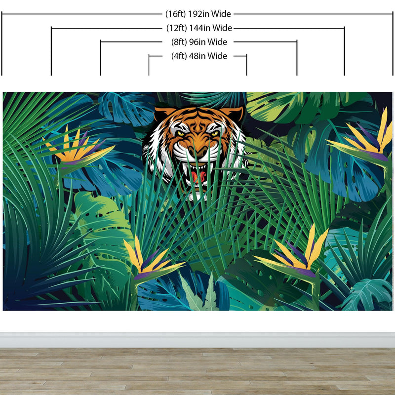 Hidden Tiger Behind Jungle Leaves Wall Mural. Peel and Stick Wallpaper. Safari Wildlife Illustration.