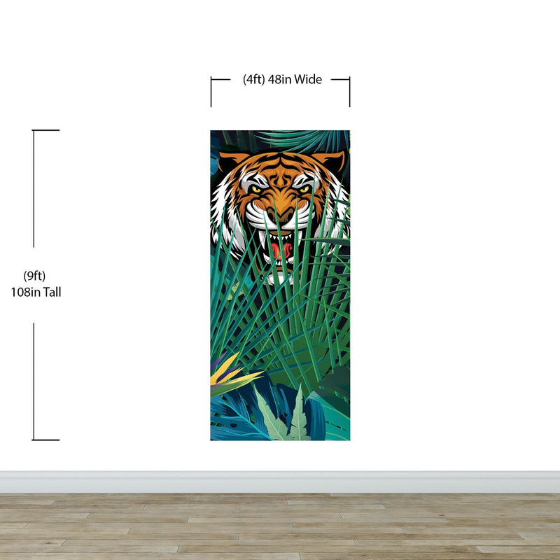 Hidden Tiger Behind Jungle Leaves Wall Mural. Peel and Stick Wallpaper. Safari Wildlife Illustration.