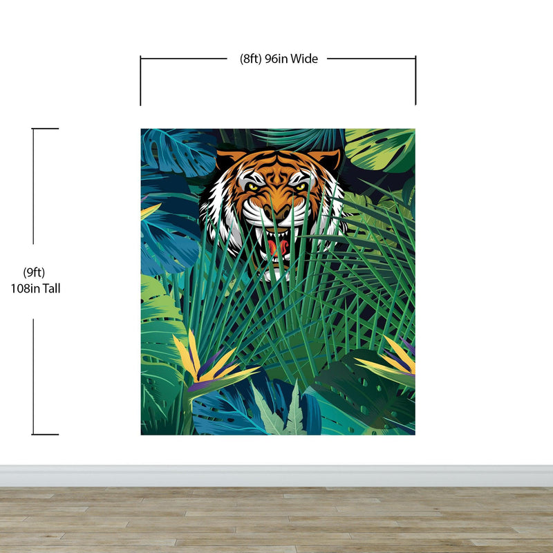 Hidden Tiger Behind Jungle Leaves Wall Mural. Peel and Stick Wallpaper. Safari Wildlife Illustration.