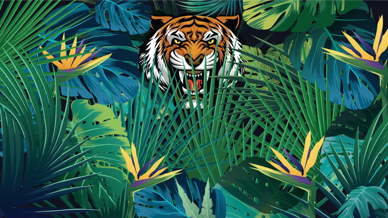 Hidden Tiger Behind Jungle Leaves Wall Mural. Peel and Stick Wallpaper. Safari Wildlife Illustration.