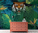 Hidden Tiger Behind Jungle Leaves Wall Mural. Peel and Stick Wallpaper. Safari Wildlife Illustration.