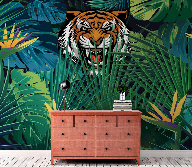 Hidden Tiger Behind Jungle Leaves Wall Mural. Peel and Stick Wallpaper. Safari Wildlife Illustration.