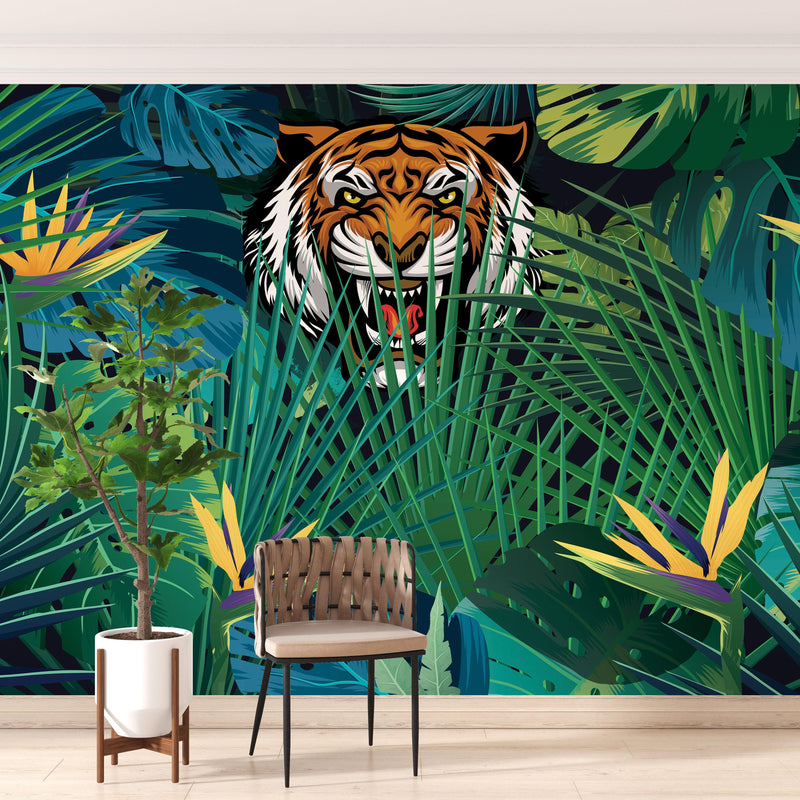 Hidden Tiger Behind Jungle Leaves Wall Mural. Peel and Stick Wallpaper. Safari Wildlife Illustration.