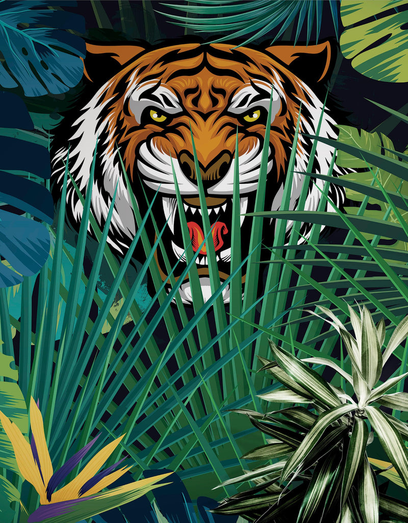 Hidden Tiger Behind Jungle Leaves Wall Mural. Peel and Stick Wallpaper. Safari Wildlife Illustration.