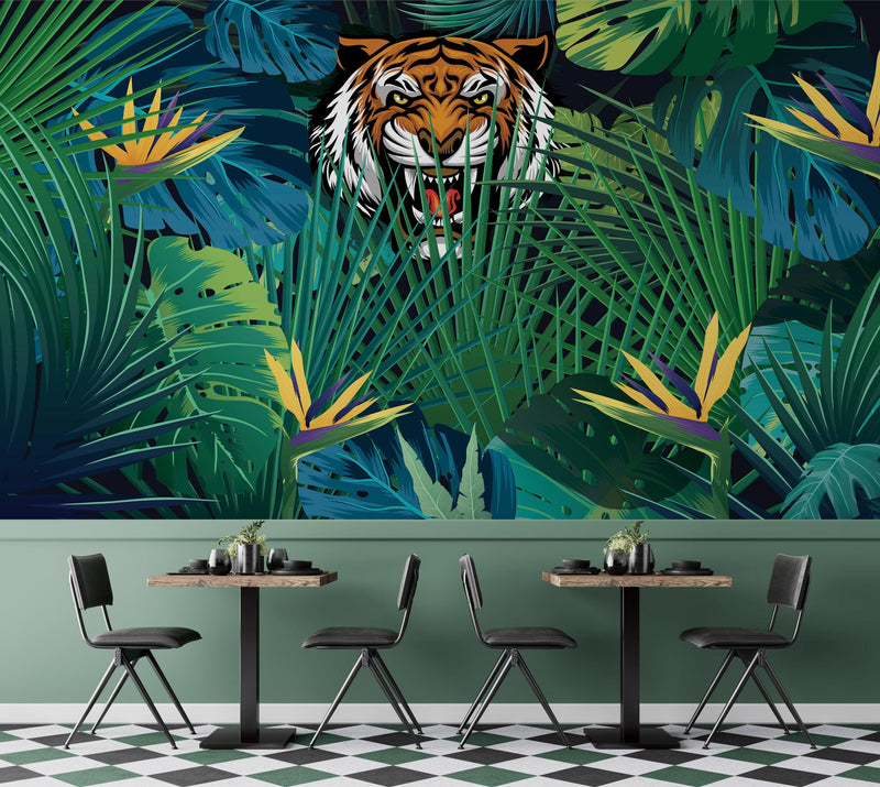 Hidden Tiger Behind Jungle Leaves Wall Mural. Peel and Stick Wallpaper. Safari Wildlife Illustration.