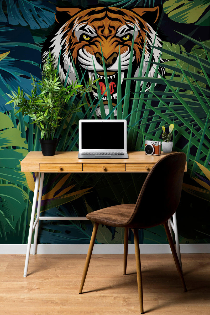 Hidden Tiger Behind Jungle Leaves Wall Mural. Peel and Stick Wallpaper. Safari Wildlife Illustration.