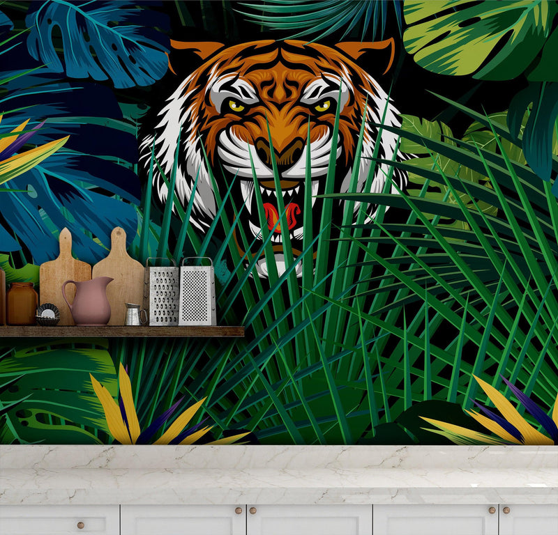 Hidden Tiger Behind Jungle Leaves Wall Mural. Peel and Stick Wallpaper. Safari Wildlife Illustration.