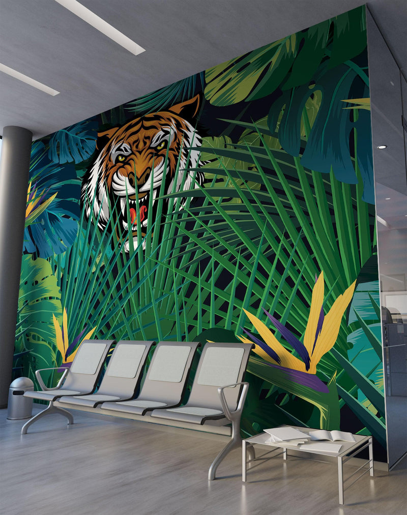 Hidden Tiger Behind Jungle Leaves Wall Mural. Peel and Stick Wallpaper. Safari Wildlife Illustration.