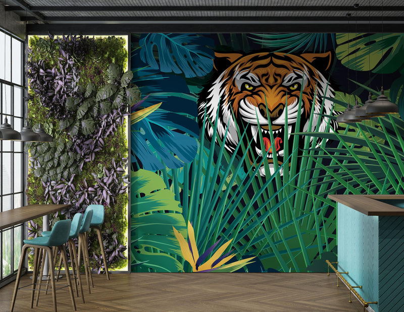 Hidden Tiger Behind Jungle Leaves Wall Mural. Peel and Stick Wallpaper. Safari Wildlife Illustration.