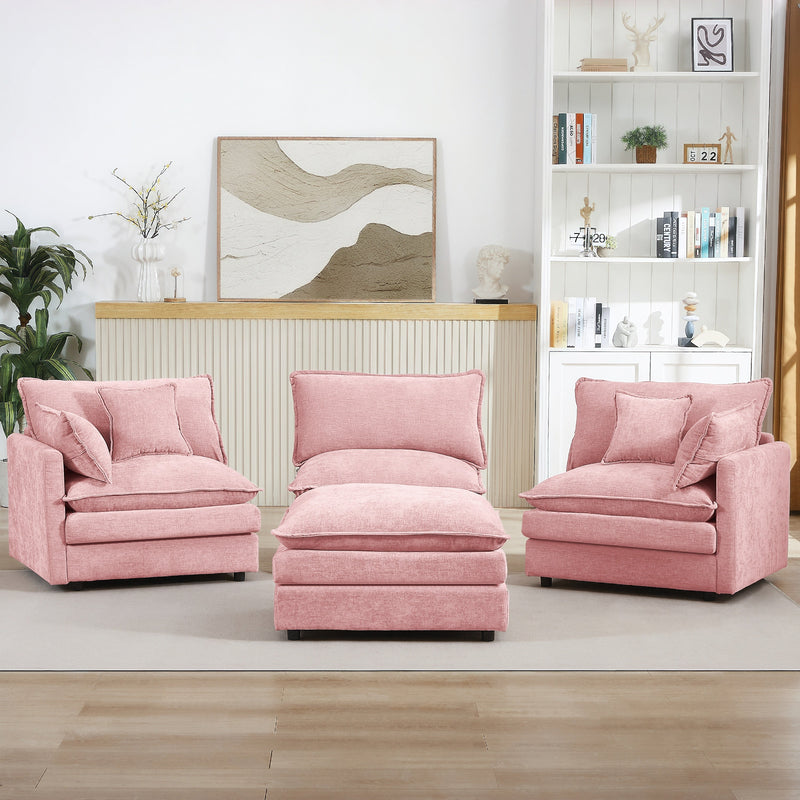 Contemporary Modular Sectional Sofa L Shaped 3-Seater with Movable Ottoman in Pink Chenille, 105 Inch