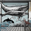 Whale, Dolphin, Killer Whale Wall Mural. Underwater Sea Life Drawing Design. Peel and Stick Wall Mural.
