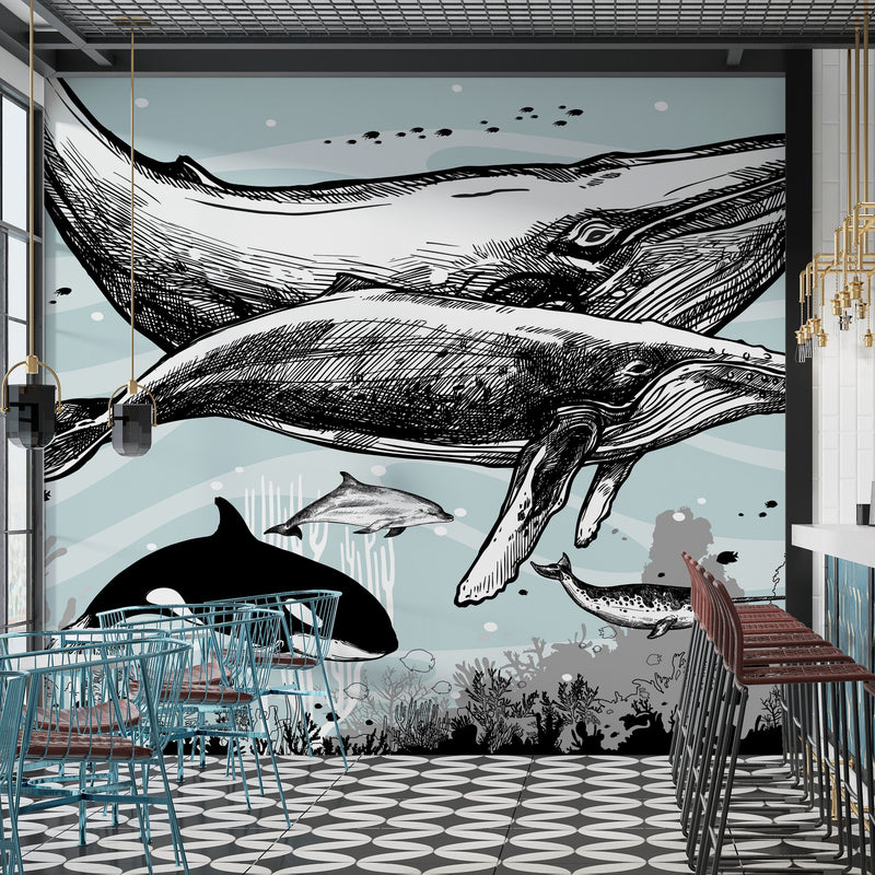 Whale, Dolphin, Killer Whale Wall Mural. Underwater Sea Life Drawing Design. Peel and Stick Wall Mural.