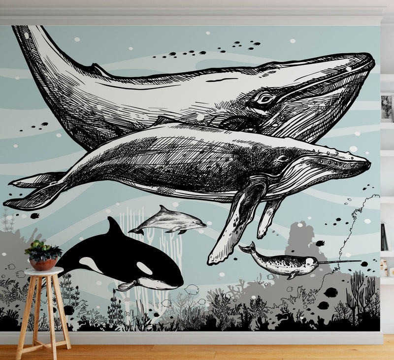 Whale, Dolphin, Killer Whale Wall Mural. Underwater Sea Life Drawing Design. Peel and Stick Wall Mural.