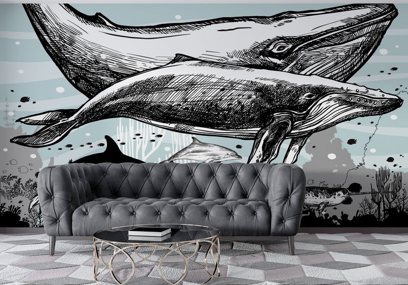 Whale, Dolphin, Killer Whale Wall Mural. Underwater Sea Life Drawing Design. Peel and Stick Wall Mural.