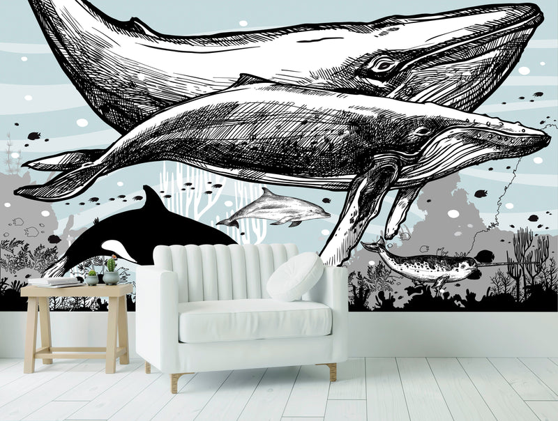 Whale, Dolphin, Killer Whale Wall Mural. Underwater Sea Life Drawing Design. Peel and Stick Wall Mural.