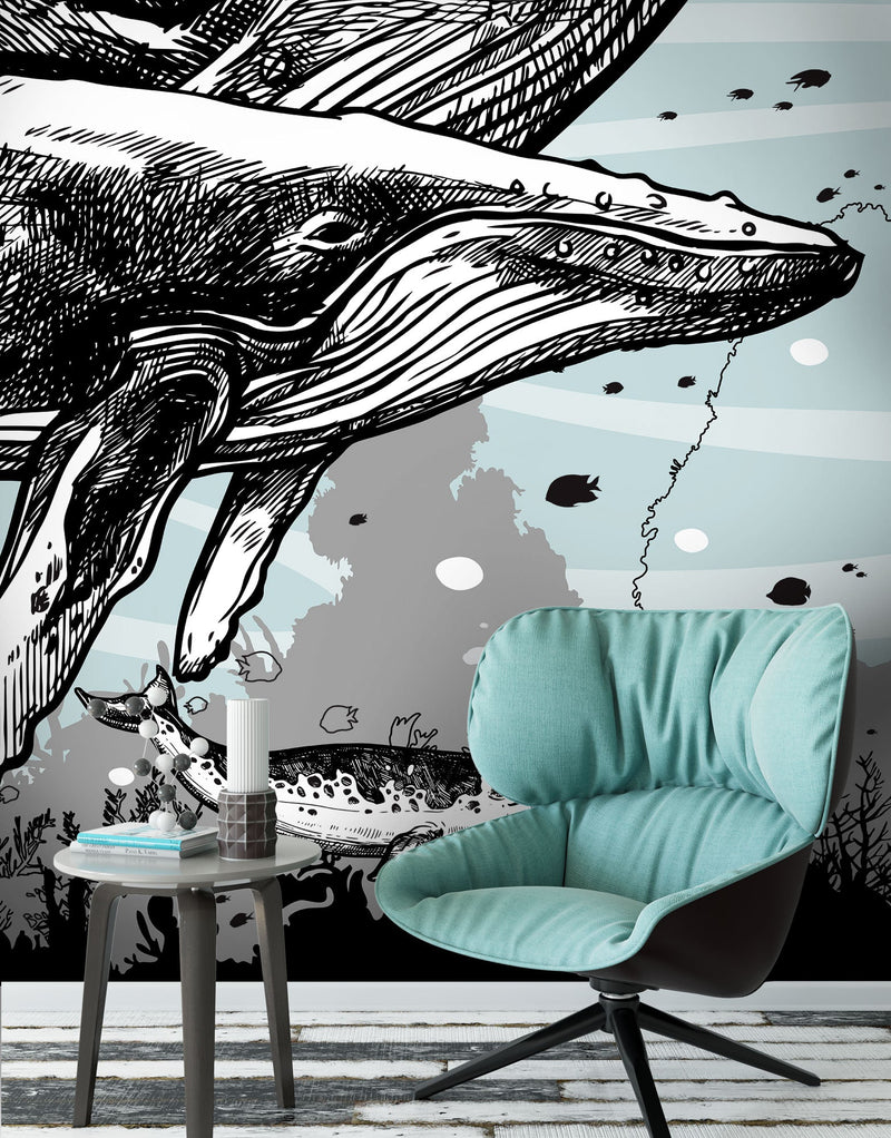 Whale, Dolphin, Killer Whale Wall Mural. Underwater Sea Life Drawing Design. Peel and Stick Wall Mural.