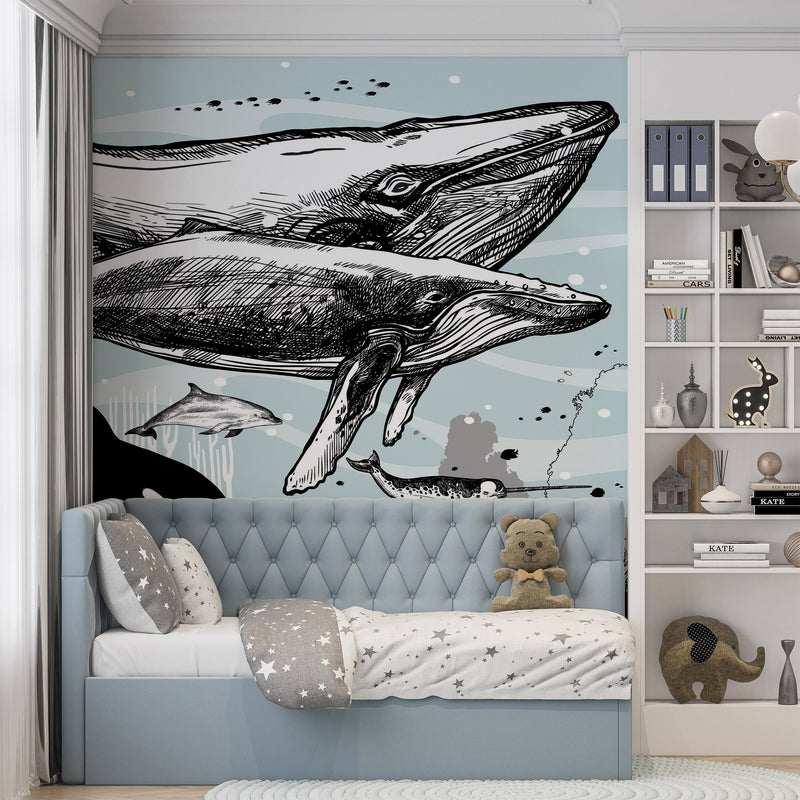 Whale, Dolphin, Killer Whale Wall Mural. Underwater Sea Life Drawing Design. Peel and Stick Wall Mural.