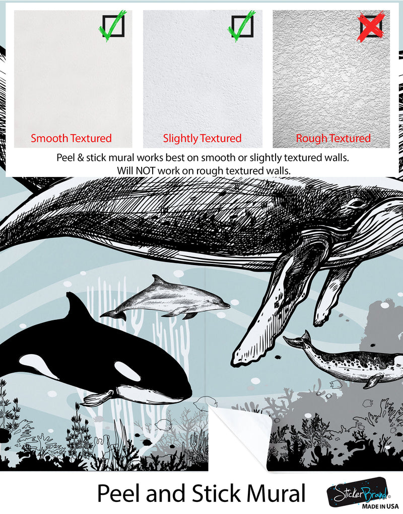 Whale, Dolphin, Killer Whale Wall Mural. Underwater Sea Life Drawing Design. Peel and Stick Wall Mural.