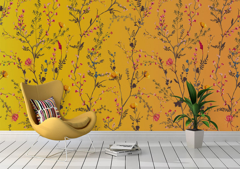 Botanical Flower Garden With Yellow Orange Background Wall Mural. Blossom Flower Decor.