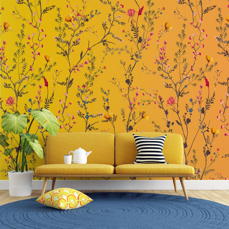 Botanical Flower Garden With Yellow Orange Background Wall Mural. Blossom Flower Decor.