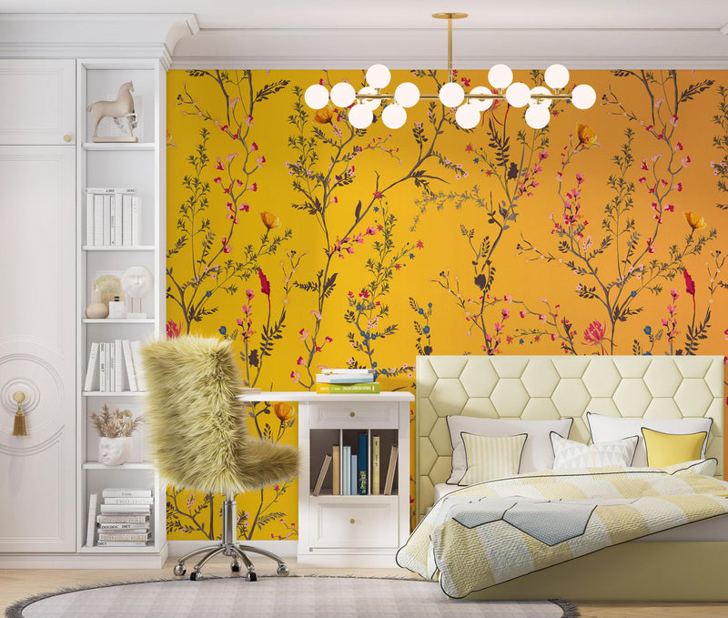 Botanical Flower Garden With Yellow Orange Background Wall Mural. Blossom Flower Decor.