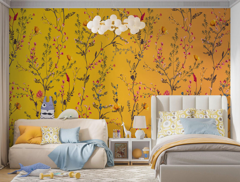 Botanical Flower Garden With Yellow Orange Background Wall Mural. Blossom Flower Decor.