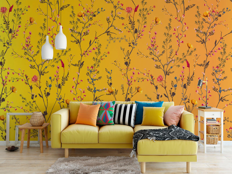 Botanical Flower Garden With Yellow Orange Background Wall Mural. Blossom Flower Decor.