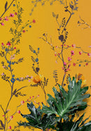 Botanical Flower Garden With Yellow Orange Background Wall Mural. Blossom Flower Decor.