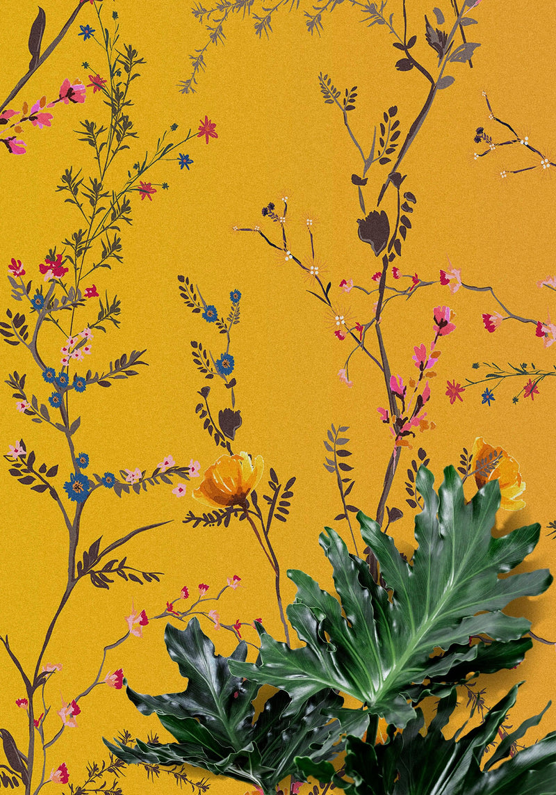 Botanical Flower Garden With Yellow Orange Background Wall Mural. Blossom Flower Decor.