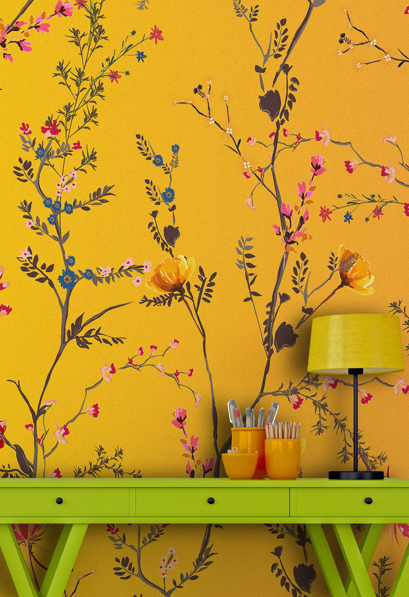 Botanical Flower Garden With Yellow Orange Background Wall Mural. Blossom Flower Decor.