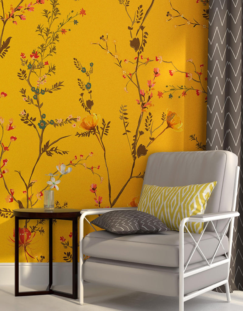 Botanical Flower Garden With Yellow Orange Background Wall Mural. Blossom Flower Decor.