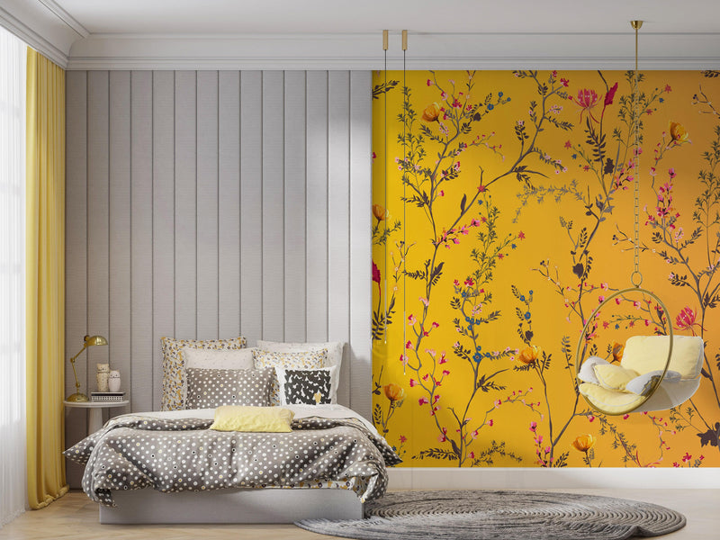 Botanical Flower Garden With Yellow Orange Background Wall Mural. Blossom Flower Decor.