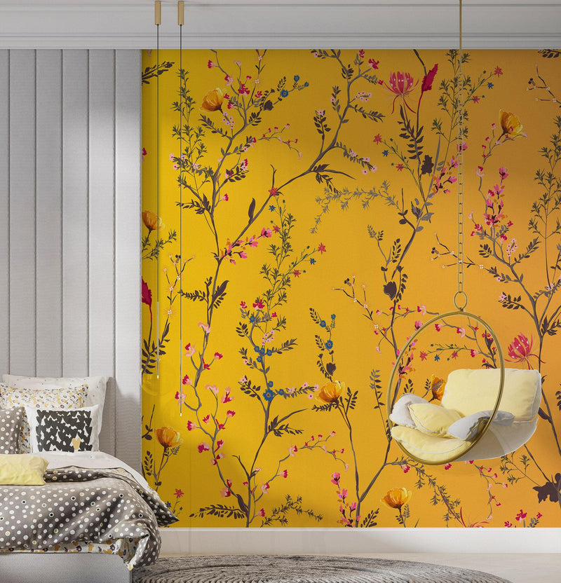 Botanical Flower Garden With Yellow Orange Background Wall Mural. Blossom Flower Decor.